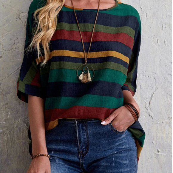 Tops - Color block Striped Print Half Sleeve Blouse